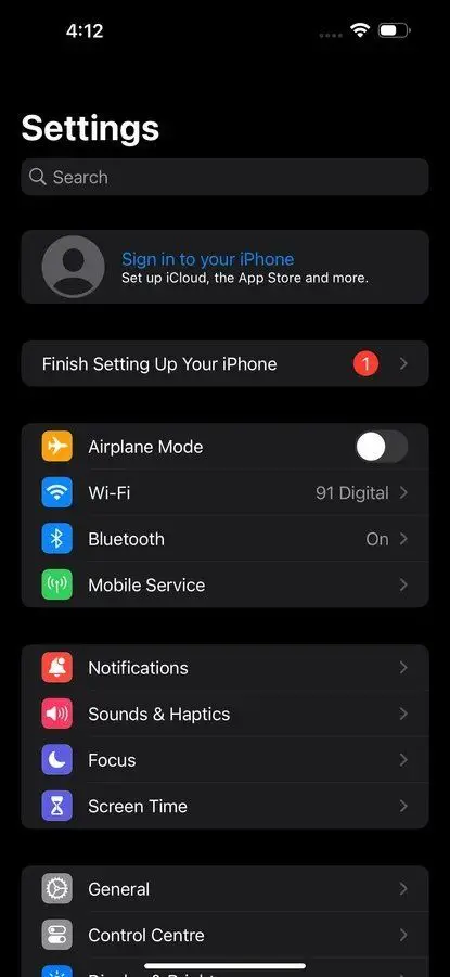 Apple iPhone 15 Settings Screen Image.