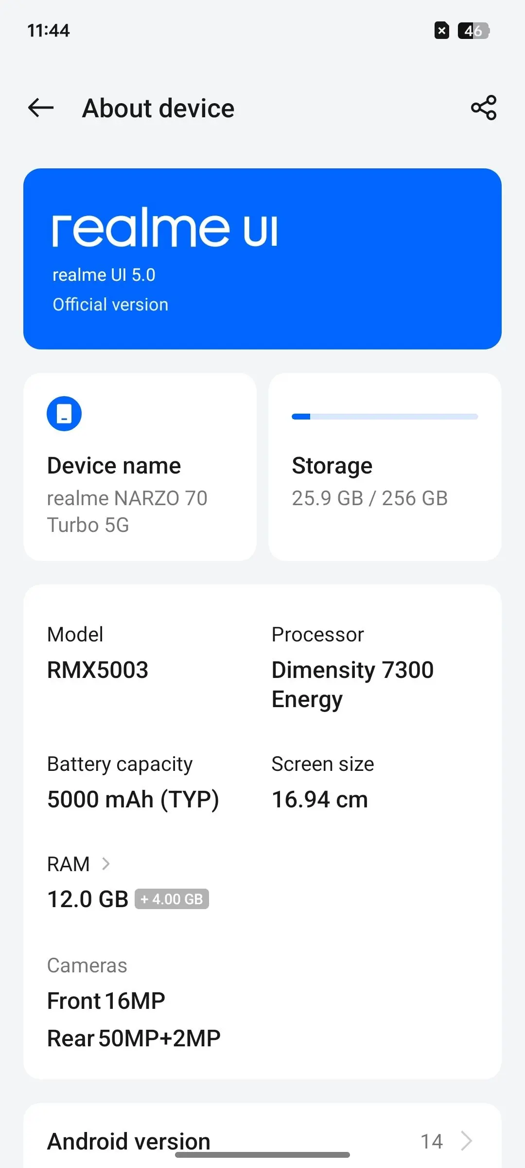 Realme Narzo 70 Turbo OS Version Image.