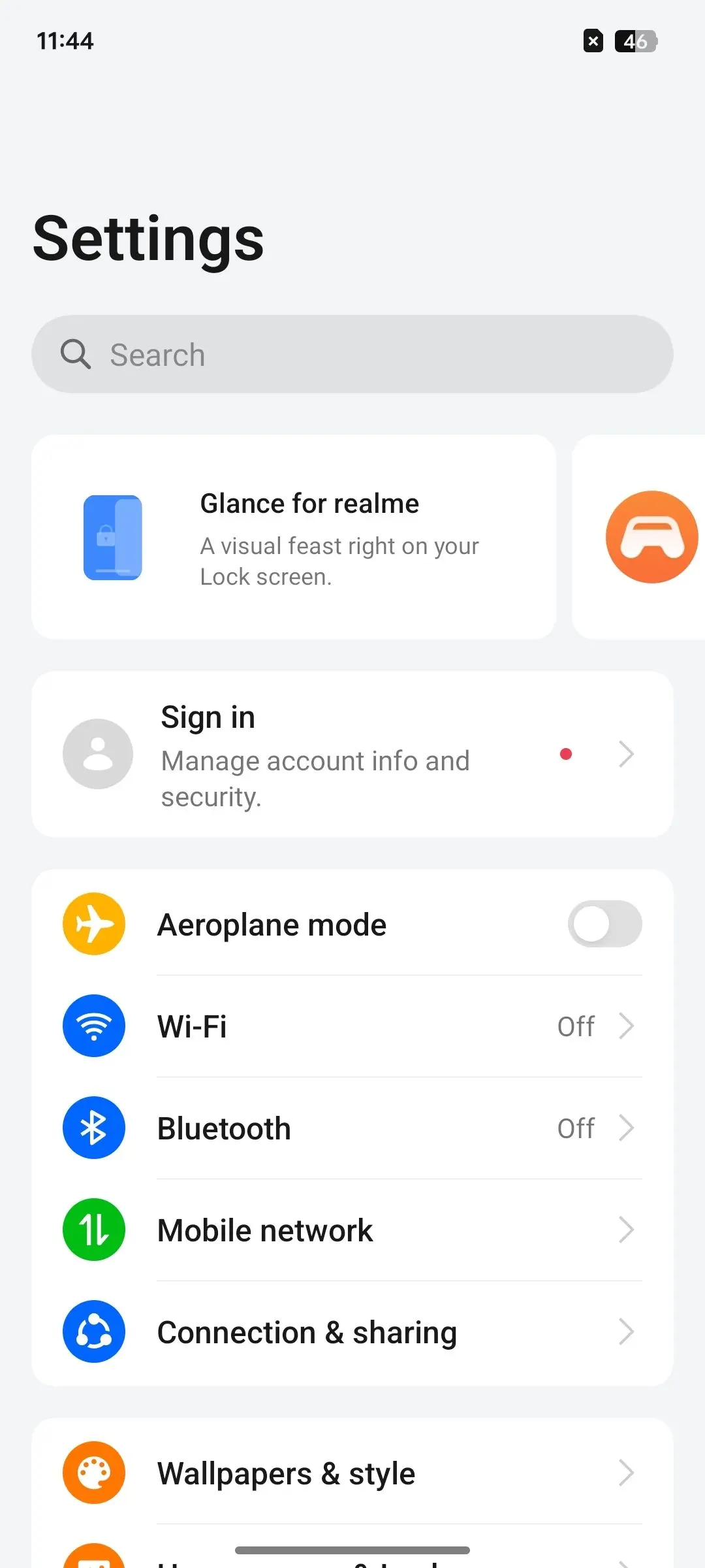 Realme Narzo 70 Turbo Settings Screen Image.