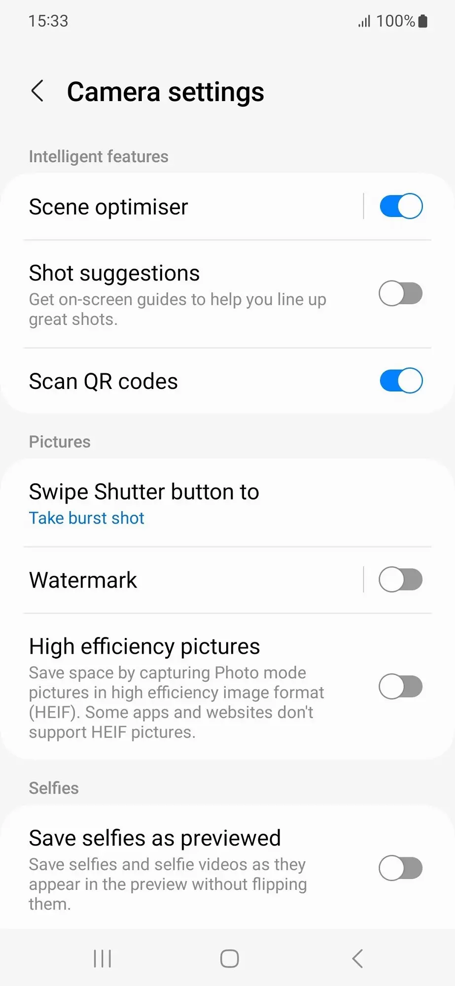 Samsung Galaxy A54 5G Camera Settings Image.