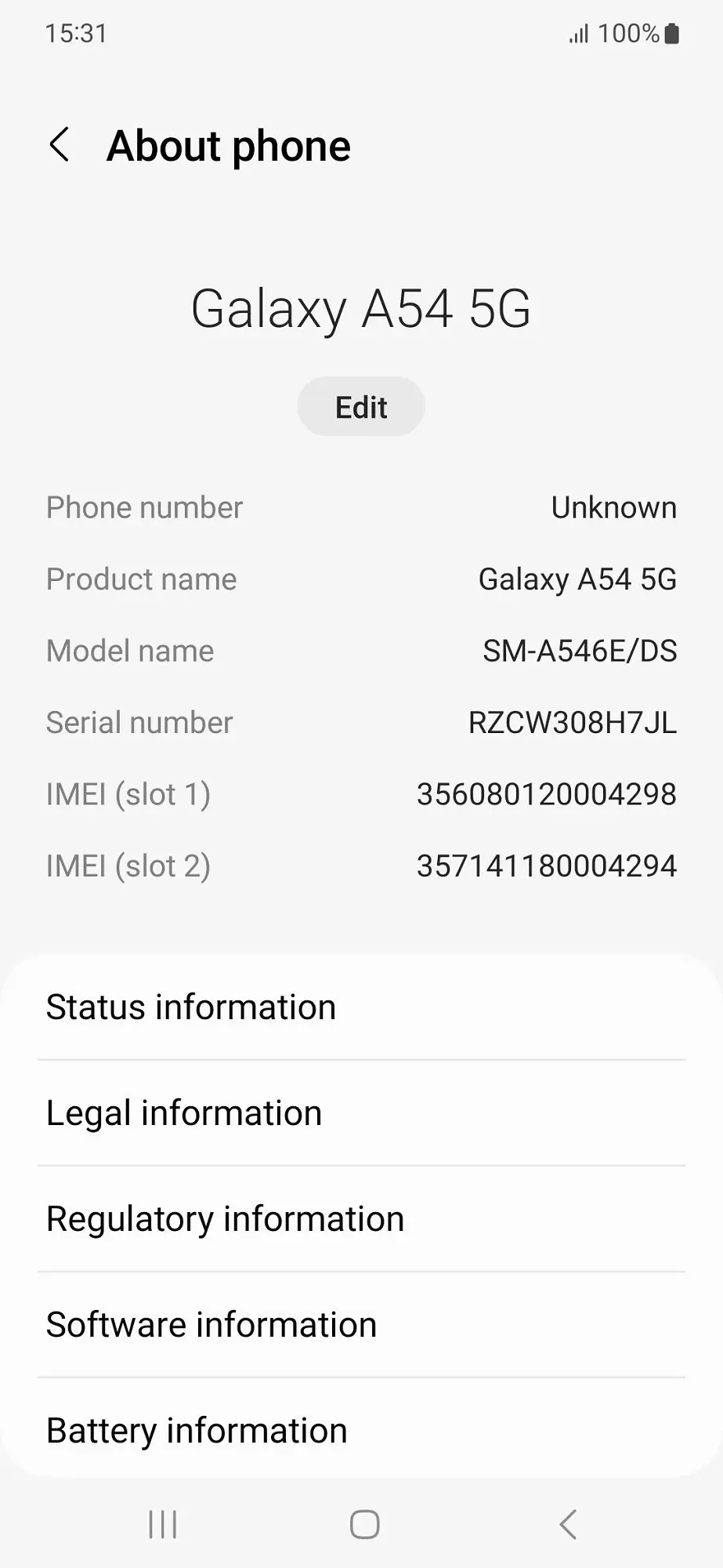 Samsung Galaxy A54 5G OS Version Image.