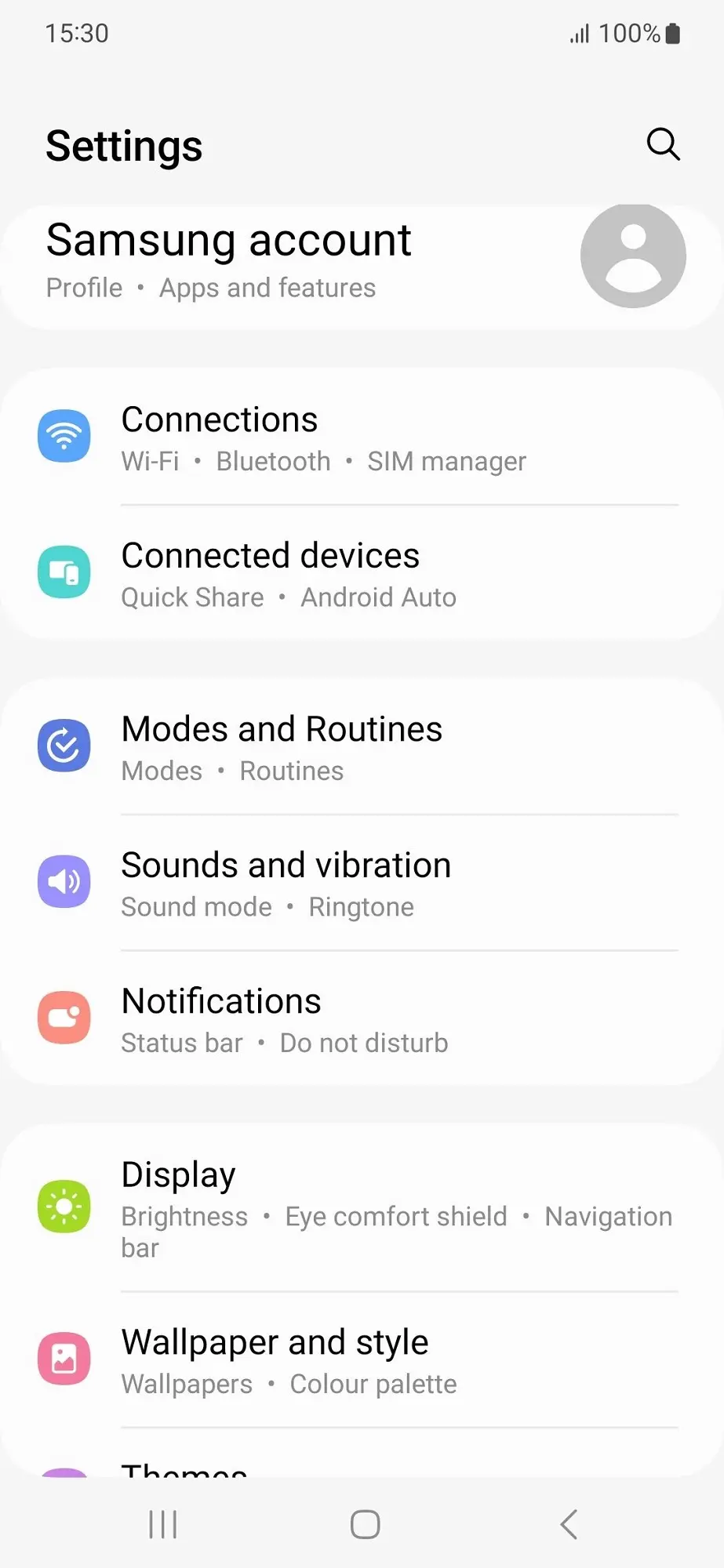 Samsung Galaxy A54 5G Settings Screen Image.