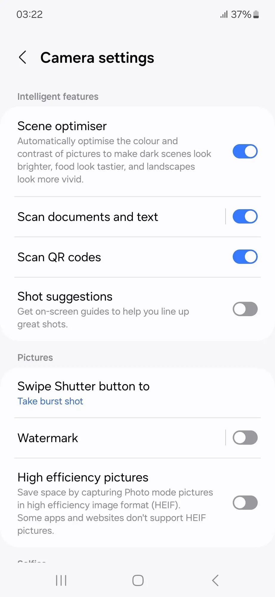 Samsung Galaxy A55 Camera Settings Image.