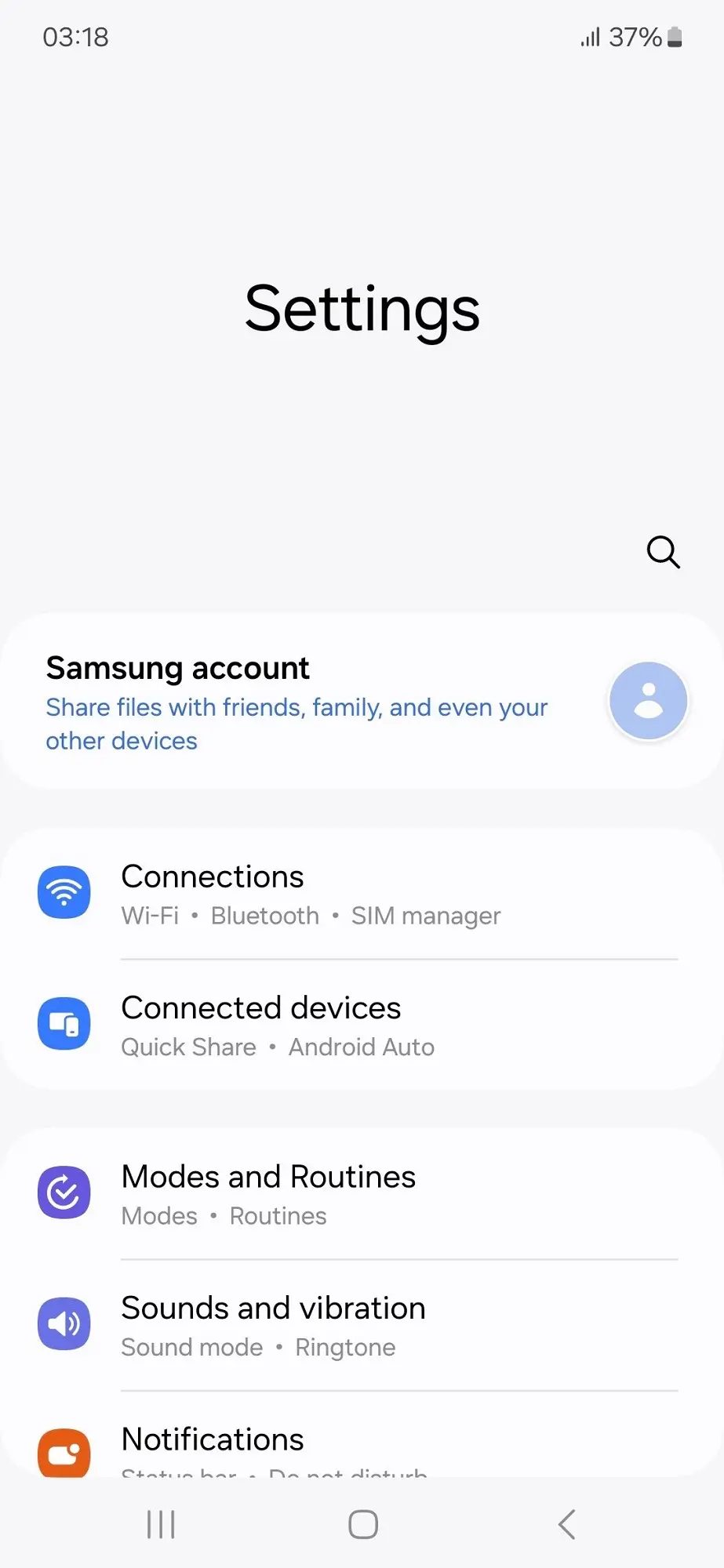 Samsung Galaxy A55 Settings Screen Image.