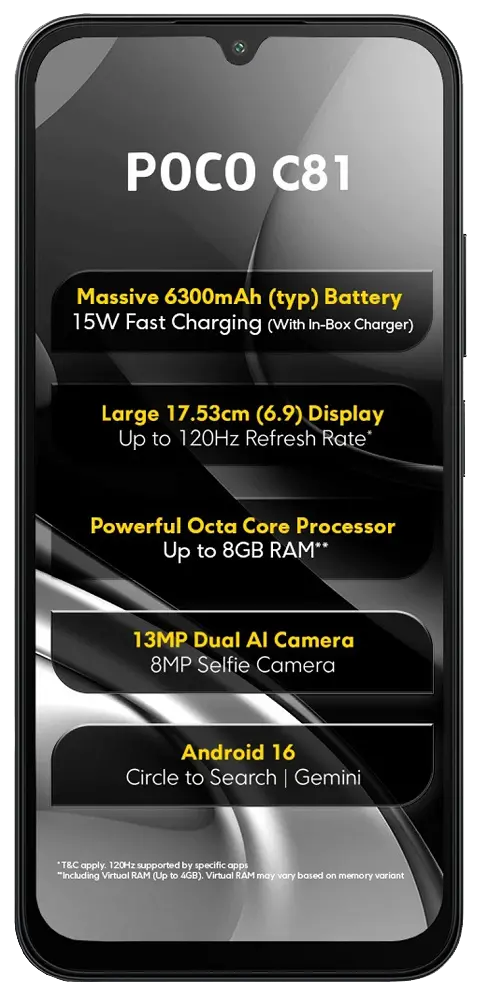 Xiaomi Poco C81 Elite Black Front Side Image